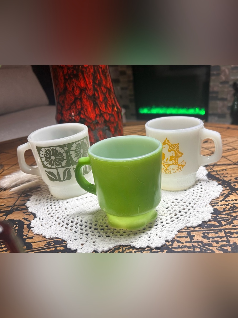 Vintage Milk Glass Mug Lot: Fire-King Green Flower, Carleton Crest, Retro Floral